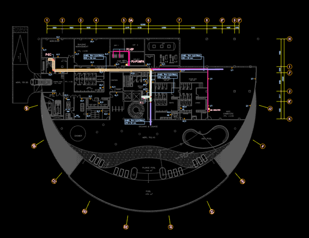 Electrical system layout showing submain cabling and containment routing on the first floor, processed using Glodon Cubicost TME