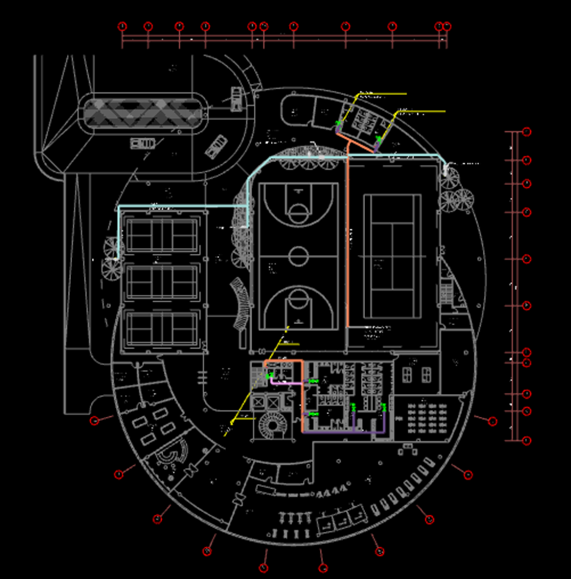 Plumbing system layout of the second floor, with highlighted pipes, quantified using Glodon Cubicost TME
