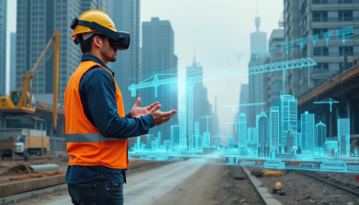 Construction engineer wearing a VR headset visualizing a digital 3D model of a city skyline