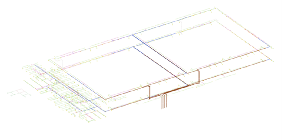 3D model showing multi-disciplinary piping works created using Glodon Cubicost TME, illustrating interconnected mechanical, electrical, and plumbing systems for accurate quantity take-off and coordination.