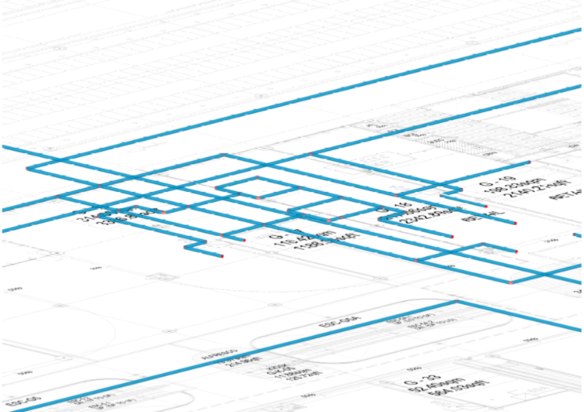 3D cable tray system layout modelled in Cubicost TME, showing electrical cable tray routing across building areas for accurate quantity take-off and system coordination.